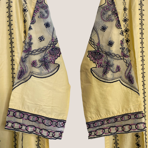 Lemon Yellow Embroidered Lawn Suit – 3 Piece Stitched Set with Organza Sleeves & Dupatta Patchwork