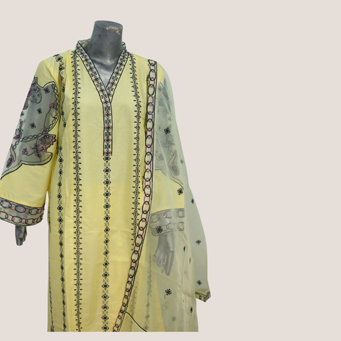 Lemon Yellow Embroidered Lawn Suit – 3 Piece Stitched Set with Organza Sleeves & Dupatta Patchwork