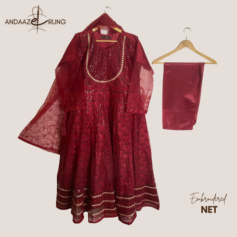 Crimson Red Embroidered Net Maxi – 3 Piece Stitched Suit