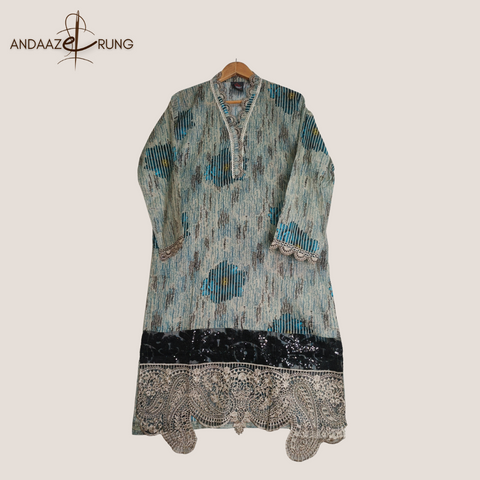 Teal & Beige Printed Lawn Suit – 3 Piece Stitched Set with Sequence Embroidery & Patch Detailing