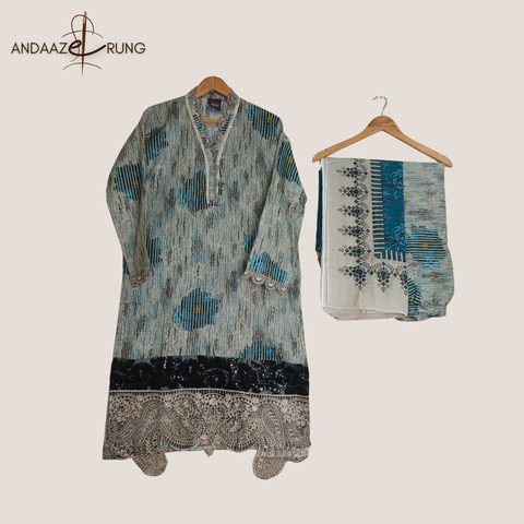 Teal & Beige Printed Lawn Suit – 3 Piece Stitched Set with Sequence Embroidery & Patch Detailing