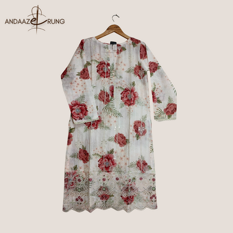 White Floral Digital Lawn Suit – 3 Piece Stitched Set with Sequence Embroidery & Tarkashi Dupatta
